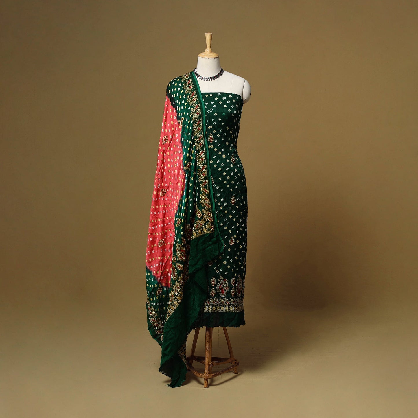 Kutch tie-dye bandhani modal silk zari work 3pc unstitched