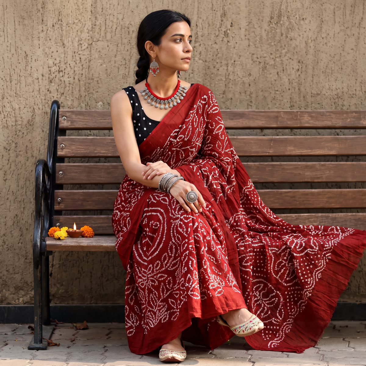 Maroon Kutch tie-dye cotton Bandhani saree, draped and worn by a woman, AI visual of the saree, iTokri