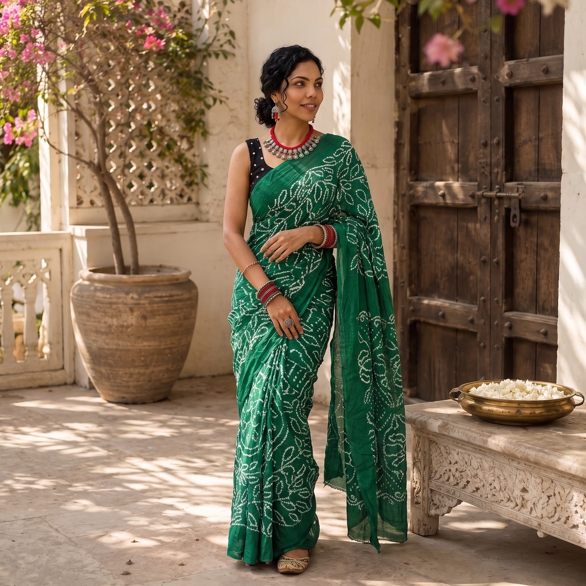 Green Kutch tie-dye cotton Bandhani saree, draped and worn by a woman, AI visual of the saree, iTokri