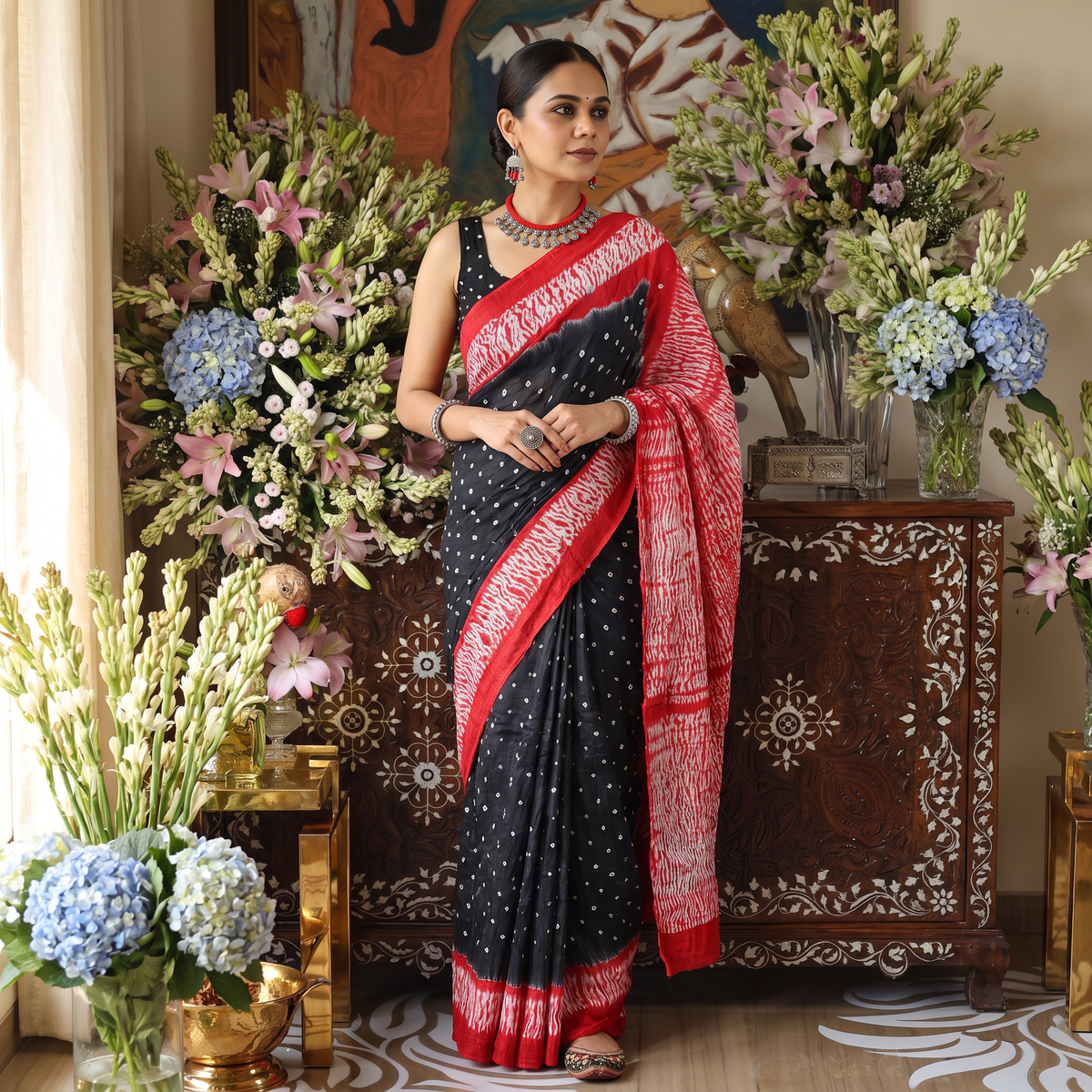 Grey Kutch tie-dye cotton Bandhani saree, draped and worn by a woman, AI visual of the saree, iTokri