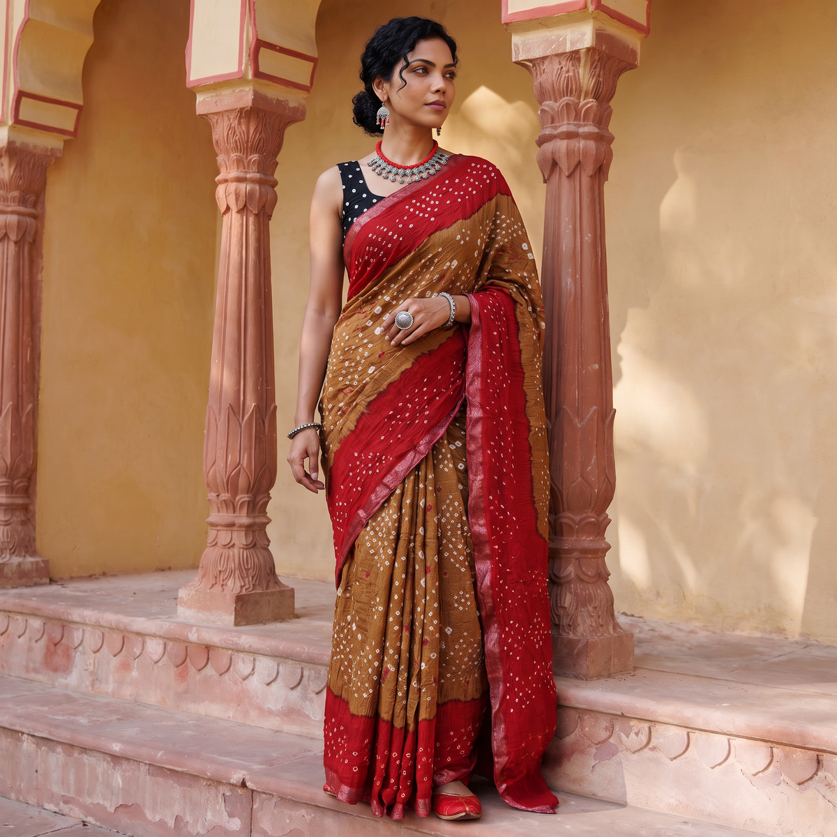 Brown Kutch tie-dye cotton Bandhani saree, draped and worn by a woman, AI visual of the saree, iTokri