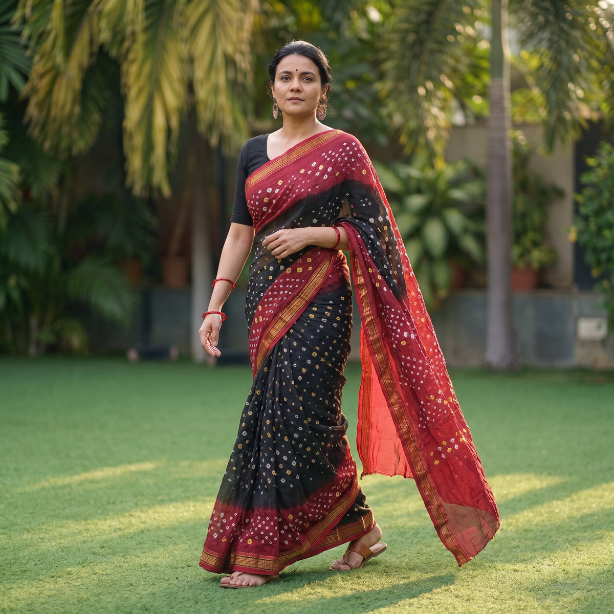Maroon Kutch Tie-Dye Cotton Bandhani Saree with Blouse Piece, draped and worn by a woman, AI visual of the saree, iTokri
