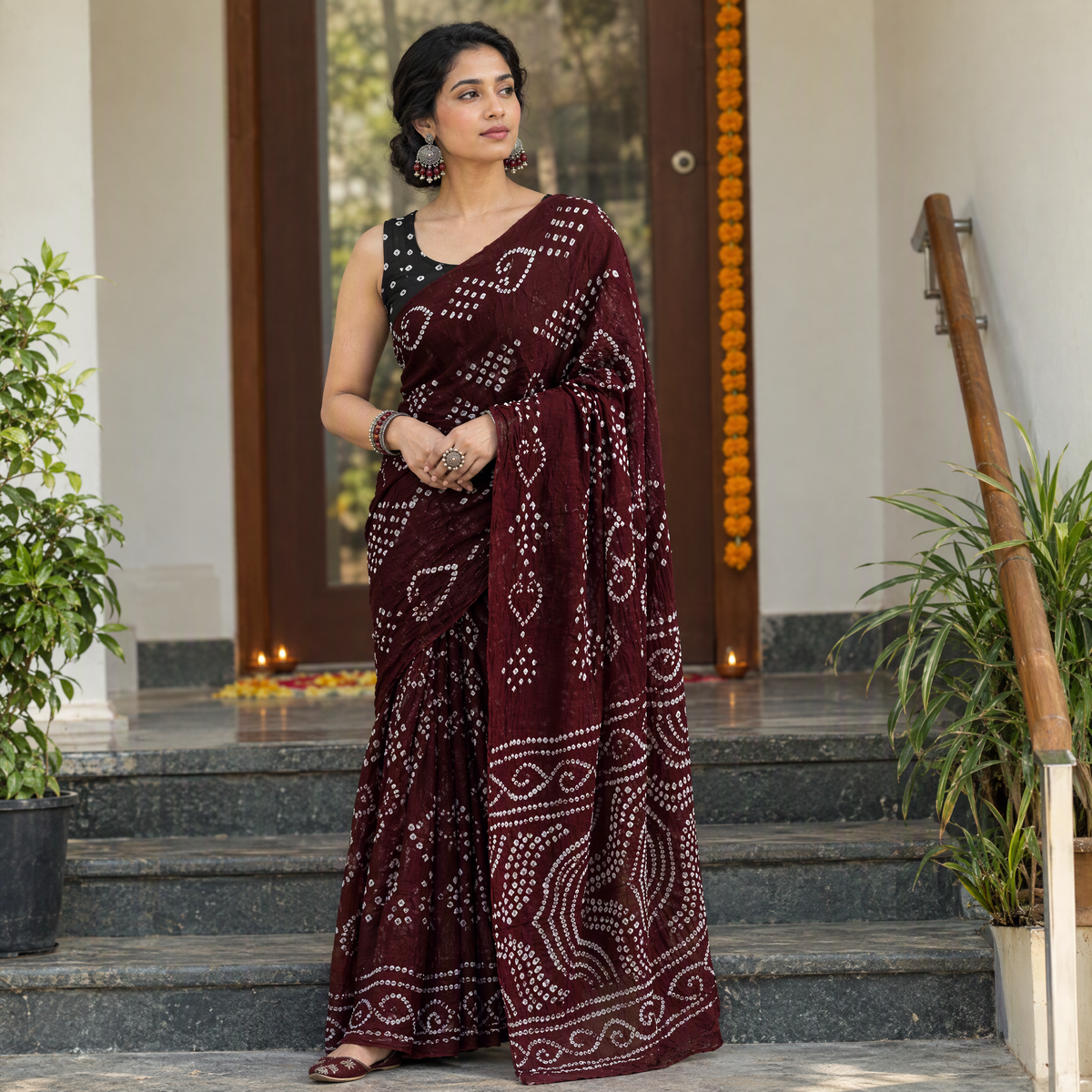 Maroon Kutch tie-dye pure cotton Bandhani saree, draped and worn by a woman, AI visual of the saree, iTokri