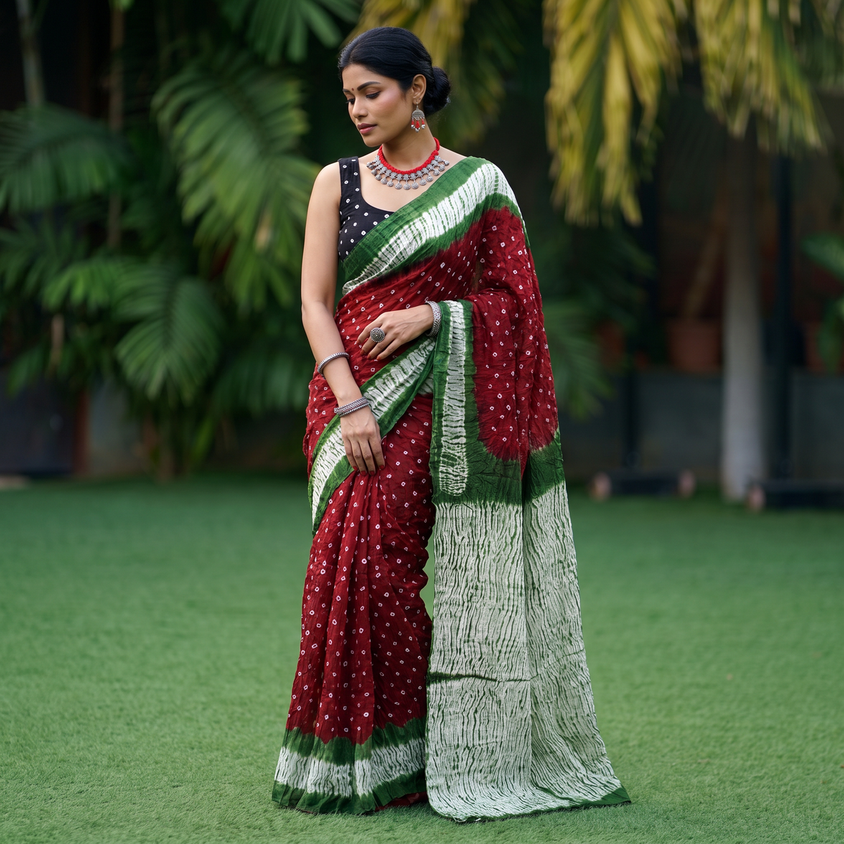 Multicolor Kutch tie-dye pure cotton Bandhani saree, draped and worn by a woman, AI visual of the saree, iTokri