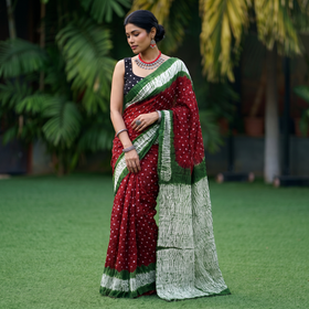 Multicolor Kutch tie-dye pure cotton Bandhani saree, draped and worn by a woman, AI visual of the saree, iTokri