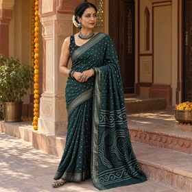 Green Kutch tie-dye pure cotton Bandhani saree with border, draped and worn by a woman, AI visual of the saree, iTokri