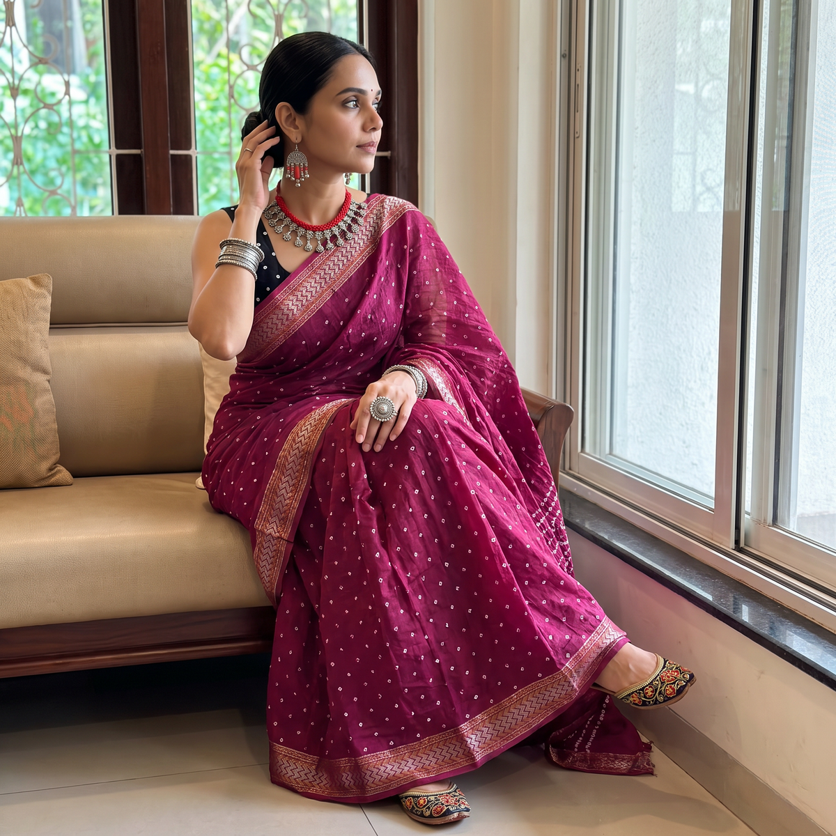 Purple Kutch tie-dye pure cotton Bandhani saree with border, draped and worn by a woman, AI visual of the saree, iTokri