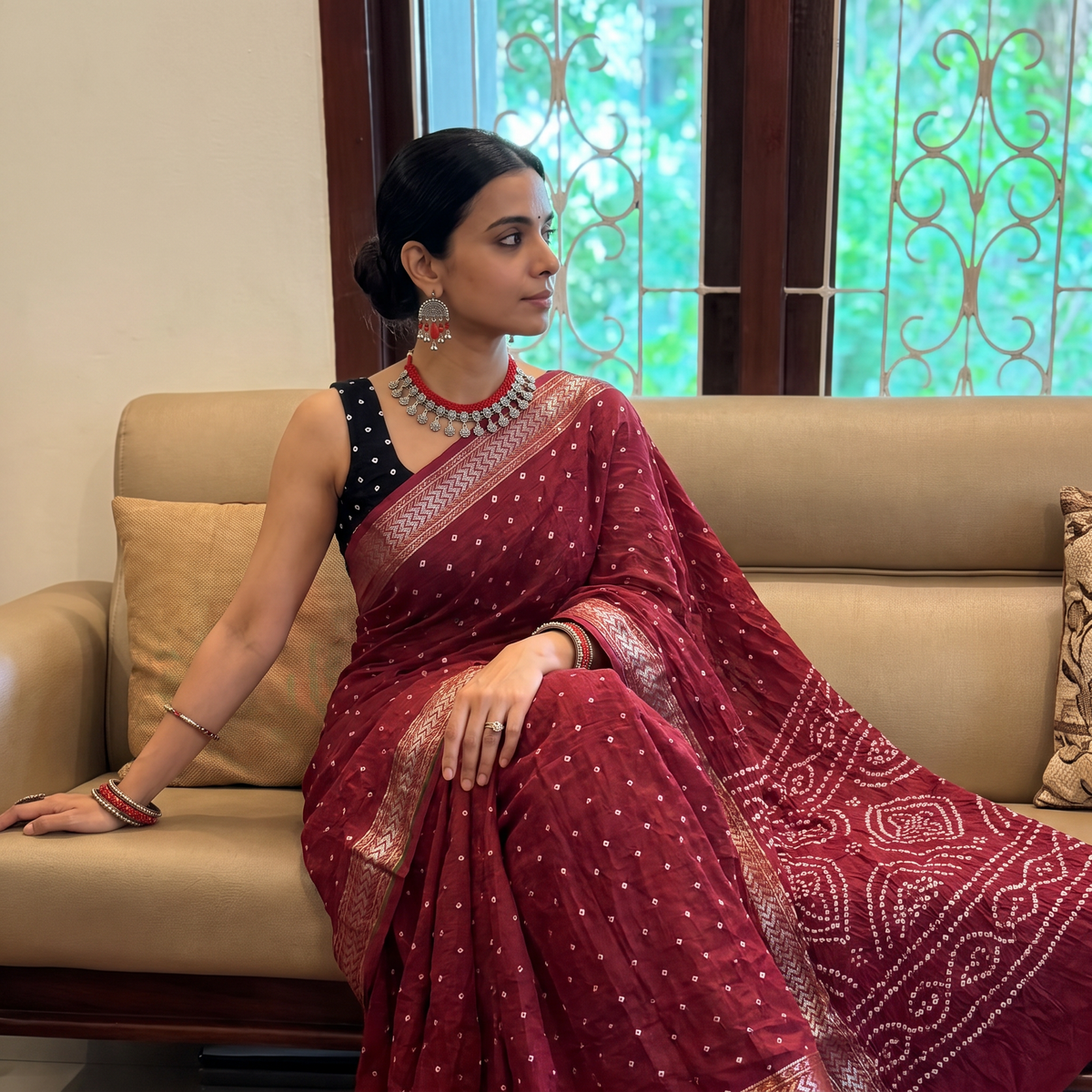 Purple Kutch tie-dye pure cotton Bandhani saree with border, draped and worn by a woman, AI visual of the saree, iTokri