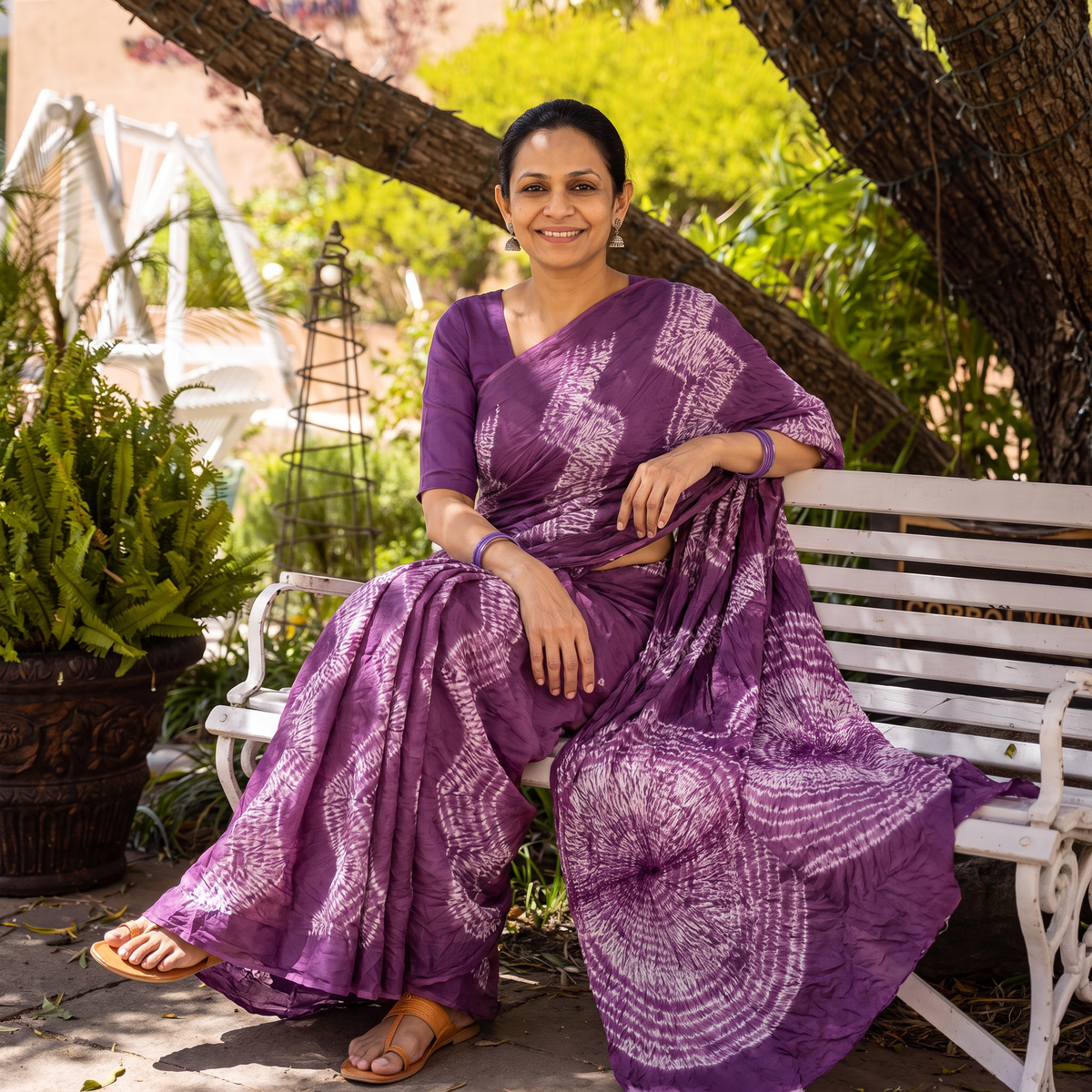 Purple Kutch Tie-Dye Pure Cotton Shibori Saree, draped and worn by a woman, AI visual of the saree, iTokri