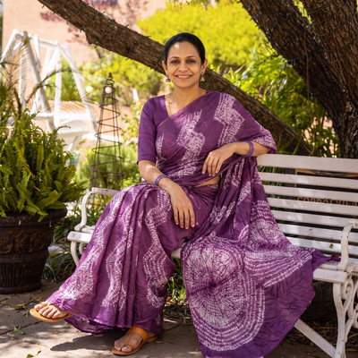 Purple Kutch Tie-Dye Pure Cotton Shibori Saree, draped and worn by a woman, AI visual of the saree, iTokri