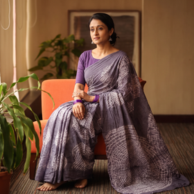 Purple Kutch Tie-Dye Pure Cotton Shibori Saree, draped and worn by a woman, AI visual of the saree, iTokri