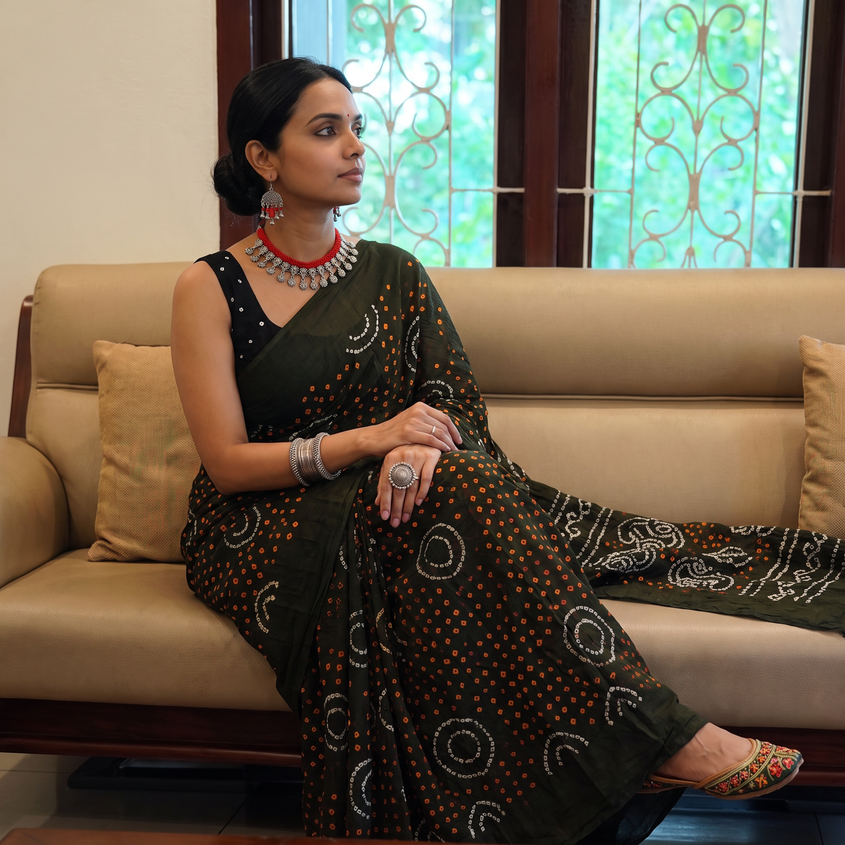 Green Kutch tie-dye pure mul cotton rai Bandhani saree, draped and worn by a woman, AI visual of the saree, iTokri