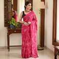 Pink Kutch tie-dye pure mul cotton rai Bandhani saree, draped and worn by a woman, AI visual of the saree, iTokri