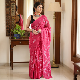 Pink Kutch tie-dye pure mul cotton rai Bandhani saree, draped and worn by a woman, AI visual of the saree, iTokri