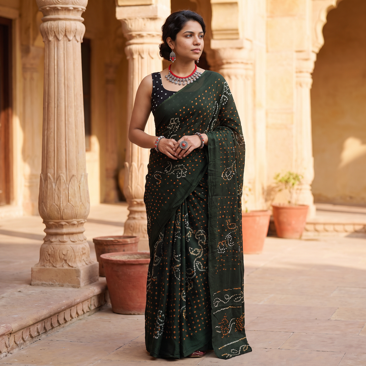 Green Kutch tie-dye pure mul cotton rai Bandhani saree, draped and worn by a woman, AI visual of the saree, iTokri