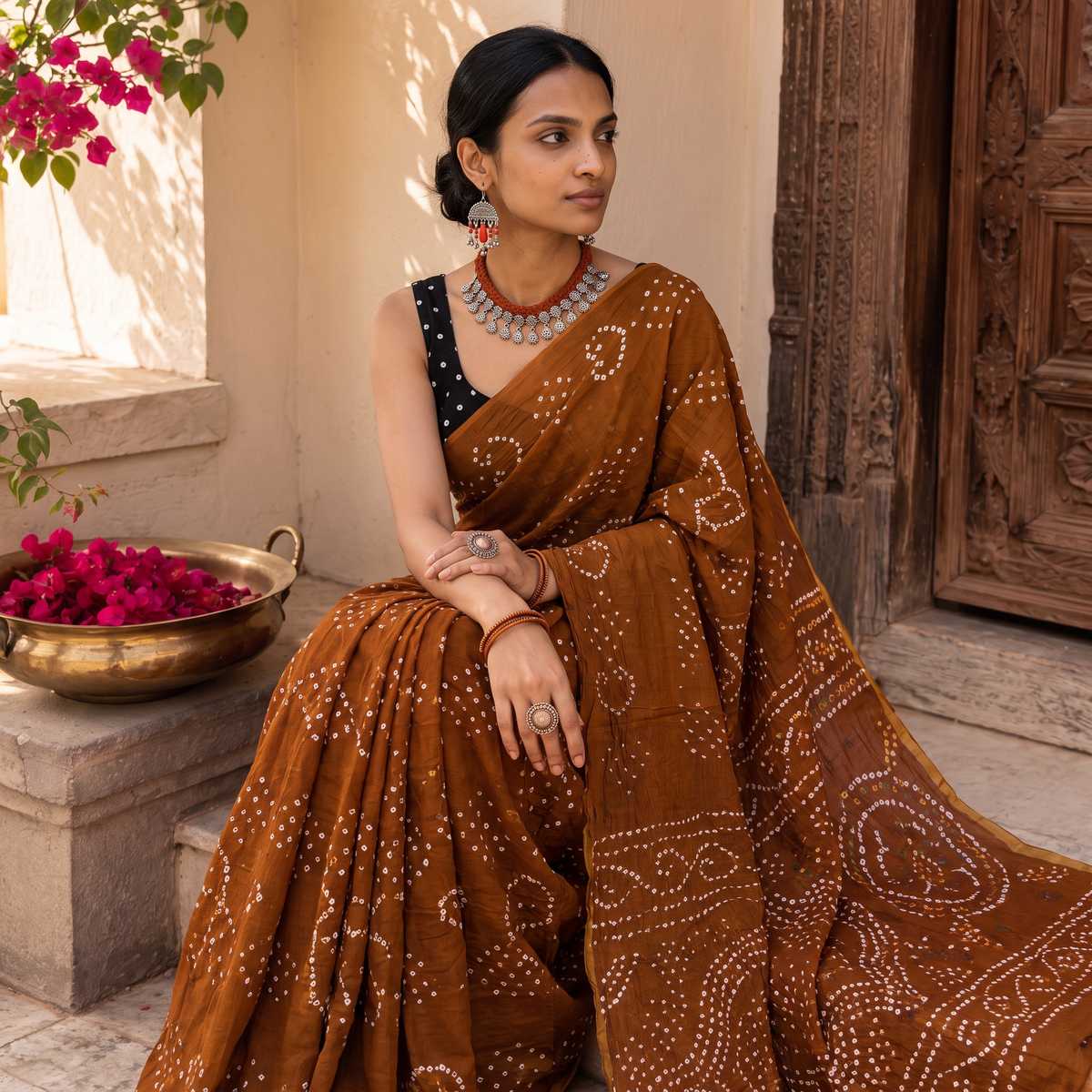 Brown Kutch tie-dye pure mul cotton rai Bandhani saree, draped and worn by a woman, AI visual of the saree, iTokri