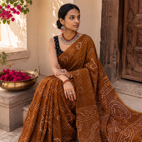 Brown Kutch tie-dye pure mul cotton rai Bandhani saree, draped and worn by a woman, AI visual of the saree, iTokri