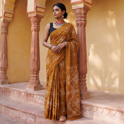 Brown Kutch tie-dye pure mul cotton rai Bandhani saree, draped and worn by a woman, AI visual of the saree, iTokri