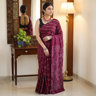 Purple Kutch tie-dye pure mul cotton rai Bandhani saree, draped and worn by a woman, AI visual of the saree, iTokri