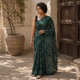 Green Kutch tie-dye pure mul cotton rai Bandhani saree, draped and worn by a woman, AI visual of the saree, iTokri