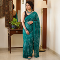 Green Kutch tie-dye pure mul cotton rai Bandhani saree, draped and worn by a woman, AI visual of the saree, iTokri