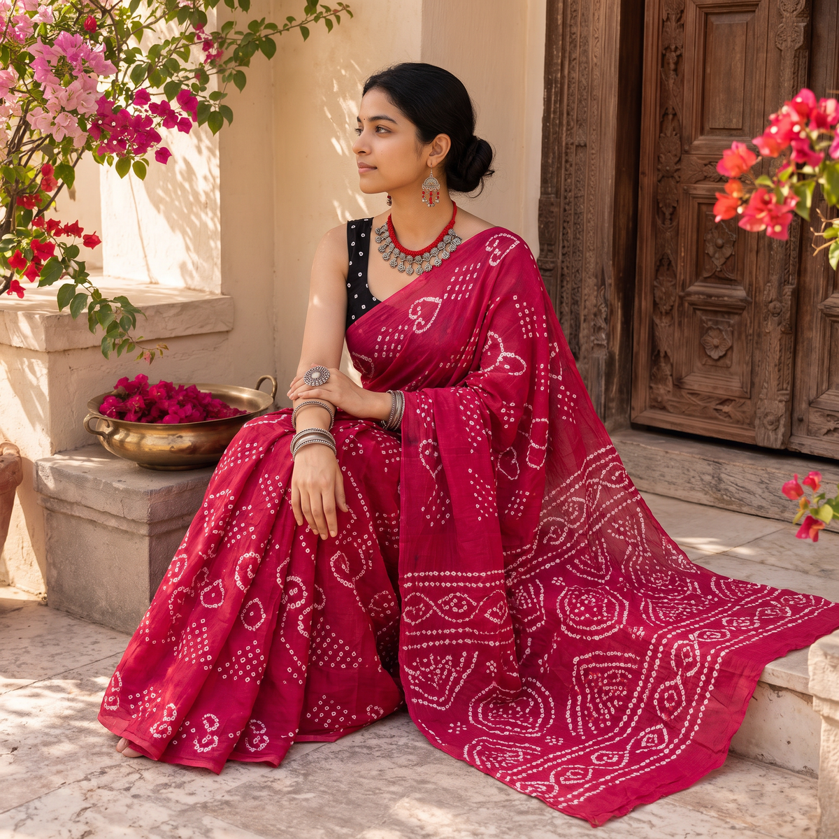 Pink Kutch tie-dye pure mul cotton rai Bandhani saree, draped and worn by a woman, AI visual of the saree, iTokri