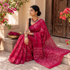 Pink Kutch tie-dye pure mul cotton rai Bandhani saree, draped and worn by a woman, AI visual of the saree, iTokri