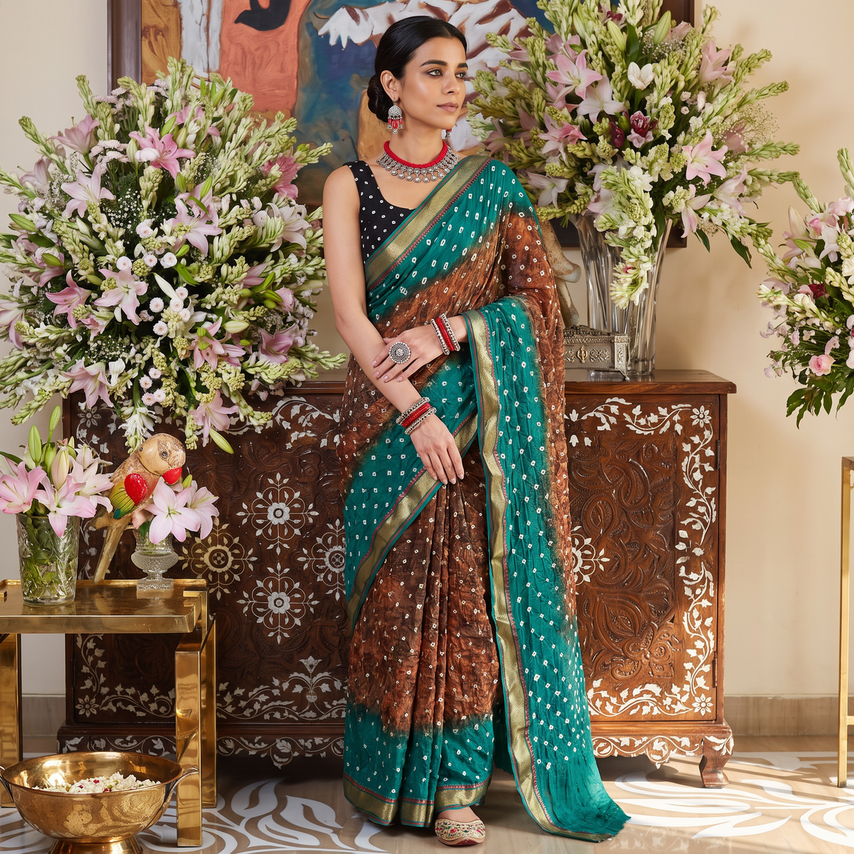 Brown and teal Kutch tie-dye Shibori Bandhani cotton saree, draped and worn by a woman, by artisan Shabana Khatri, AI visual of the saree, iTokri