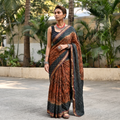 Brown and grey Kutch tie-dye Shibori Bandhani cotton saree, draped and worn by a woman, by artisan Shabana Khatri, AI visual of the saree, iTokri