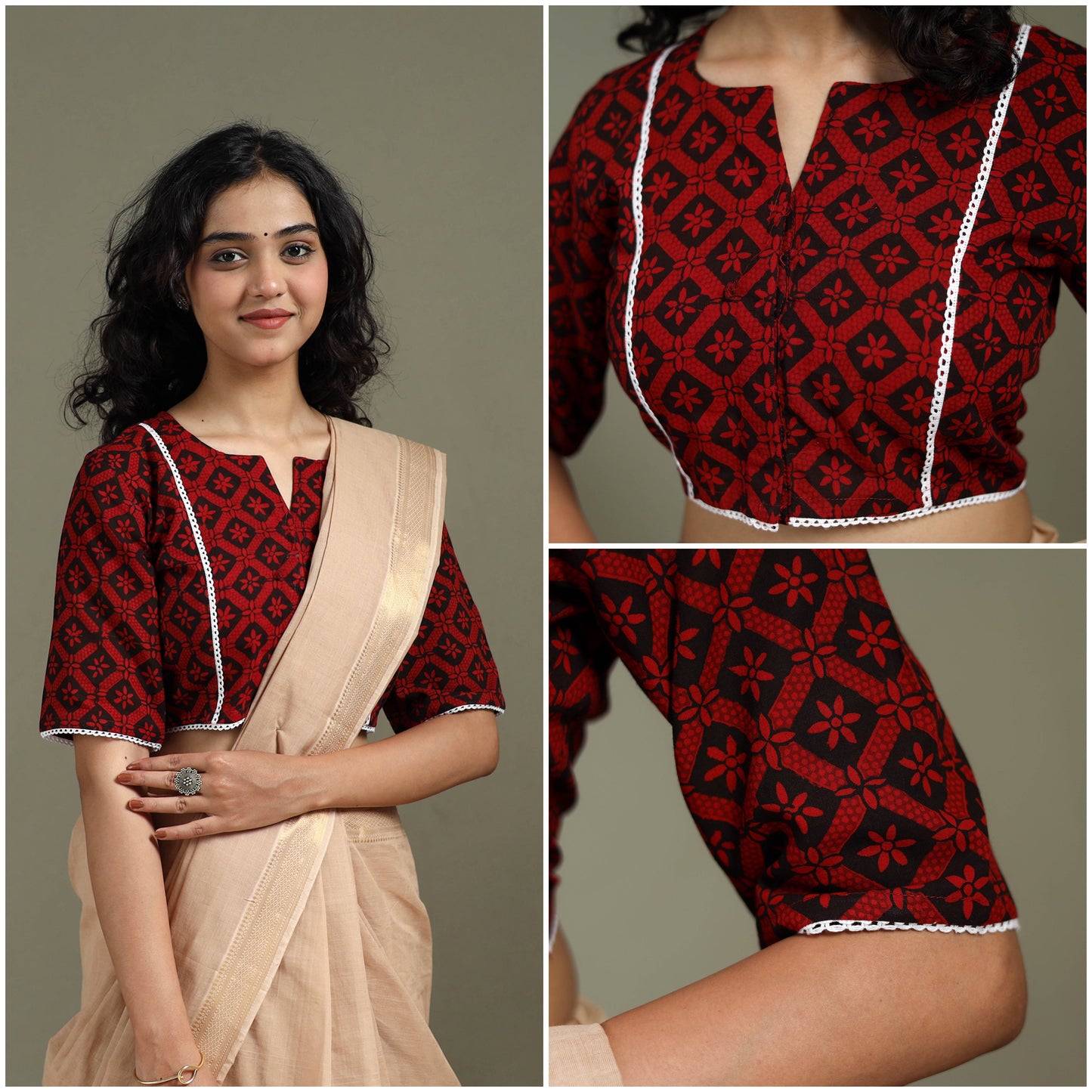 Lace work hand block bagh print natural dyed cotton