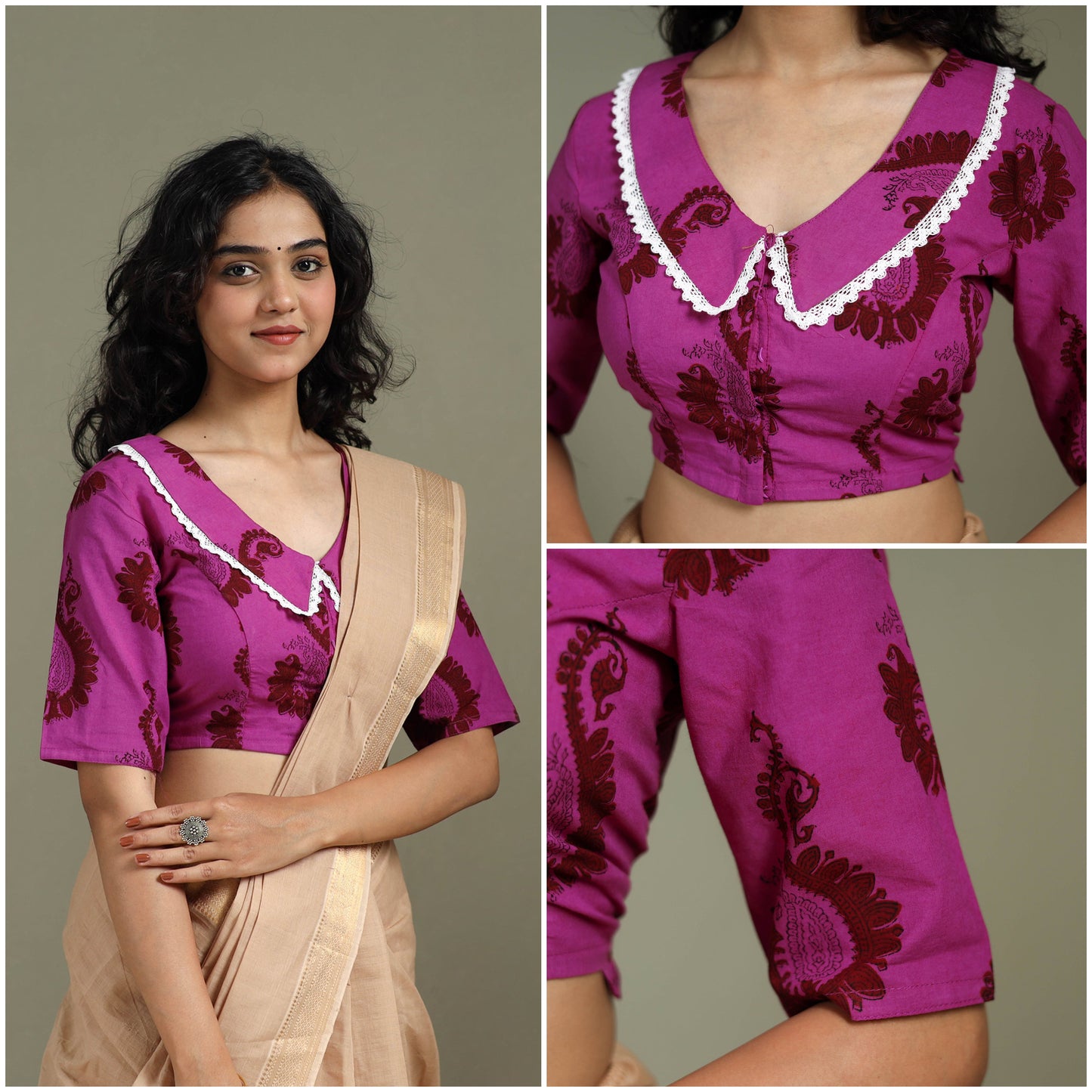 Lace work hand block bagh print natural dyed cotton