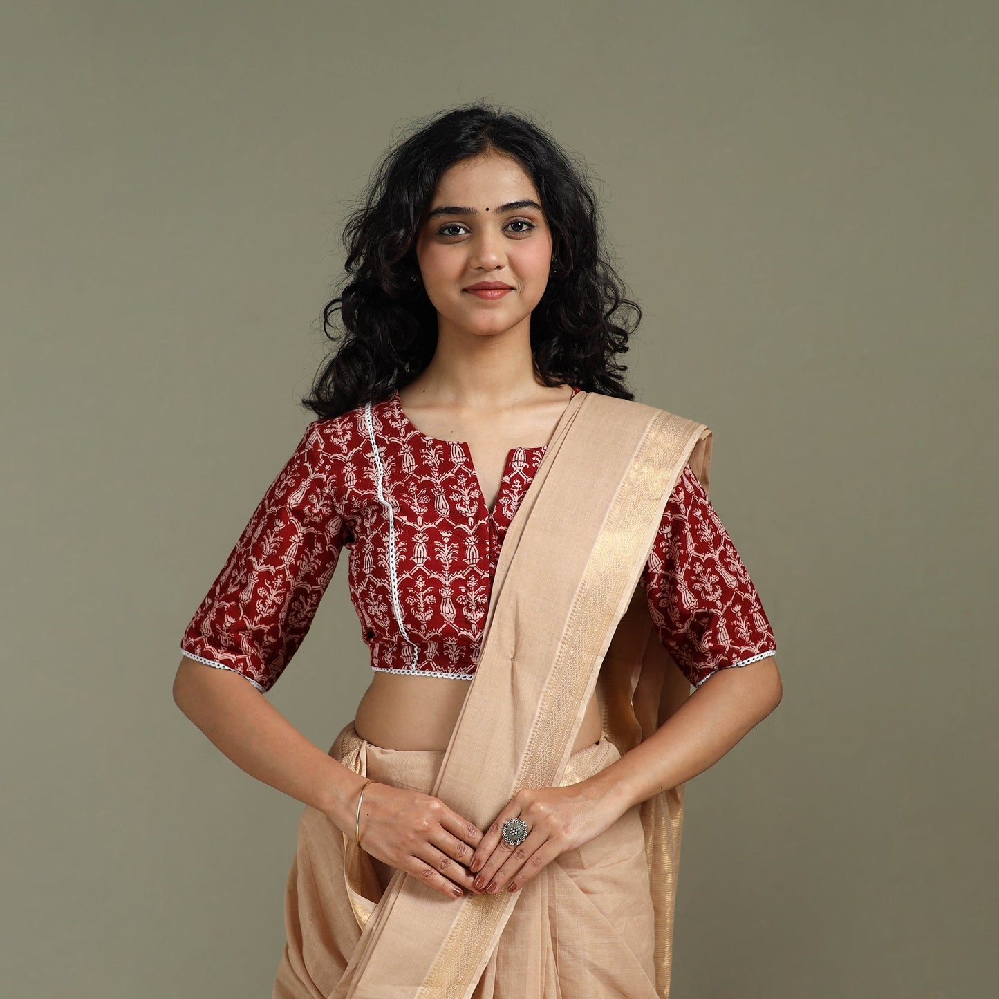 Lace work hand block bagh print natural dyed cotton