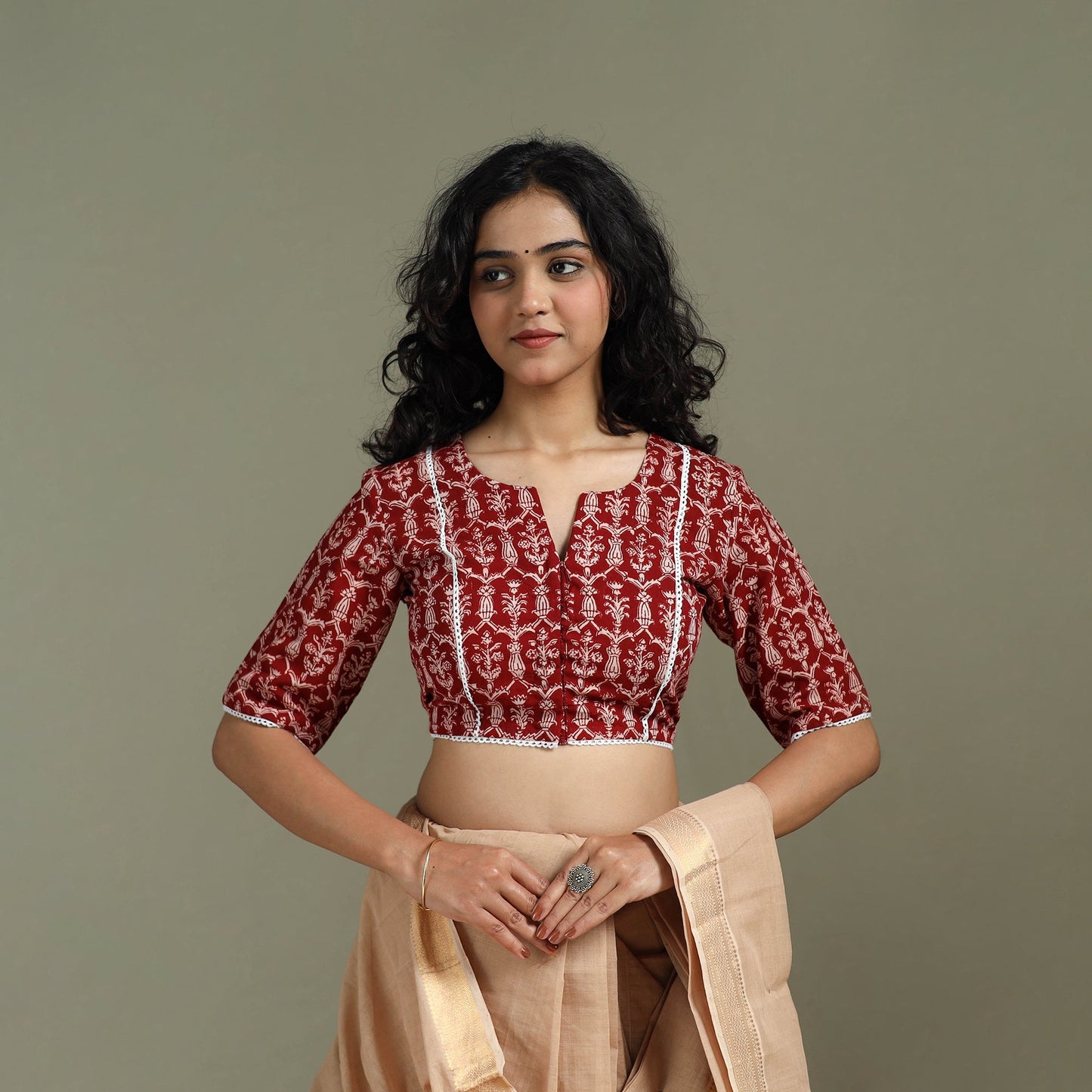 Lace work hand block bagh print natural dyed cotton