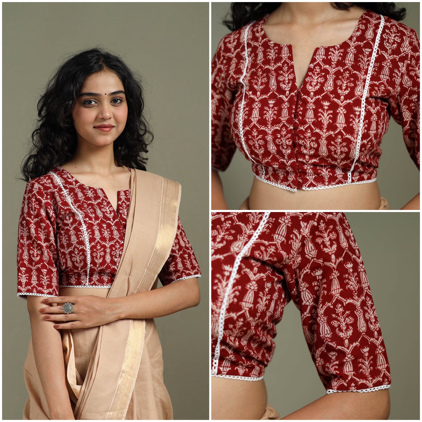 Lace work hand block bagh print natural dyed cotton