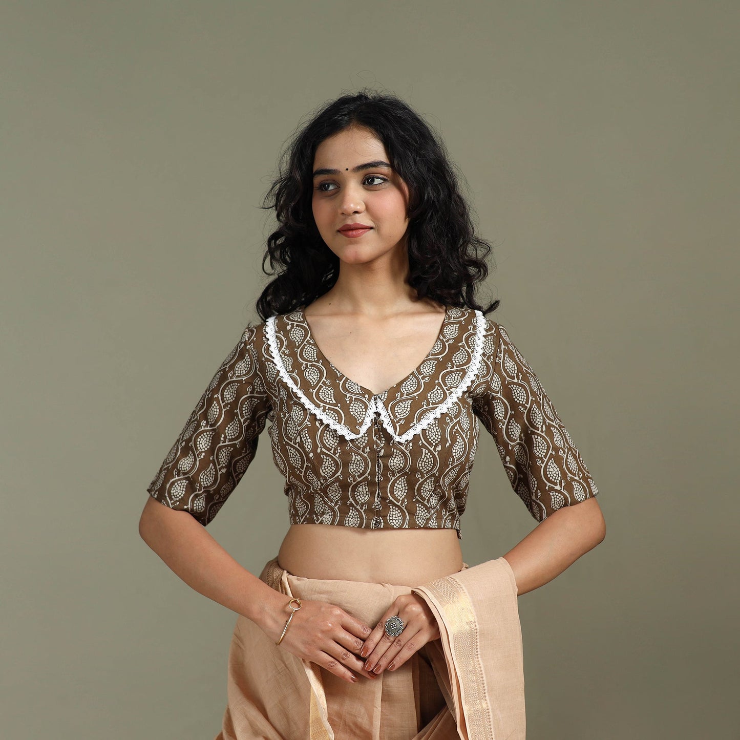 Lace work hand block bagh print natural dyed cotton
