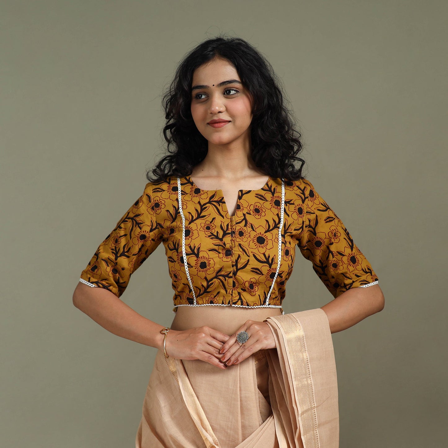 Lace work hand block bagh print natural dyed cotton