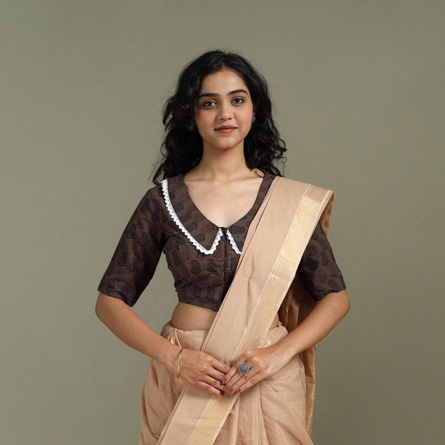 Lace work hand block bagh print natural dyed cotton