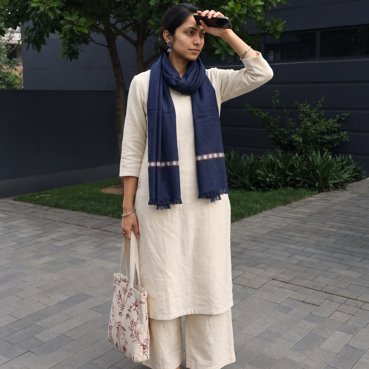 Blue Ladakh Pure Handwoven Sheep Merino Wool Stole, worn by a woman, AI visual of the stole, iTokri