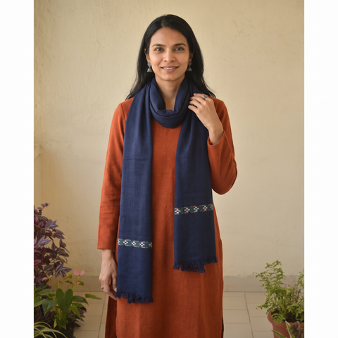 Blue Ladakh Pure Handwoven Sheep Merino Wool Stole, worn by a woman, AI visual of the stole, iTokri