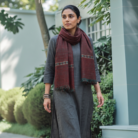 Maroon Ladakh Pure Handwoven Sheep Merino Wool Stole, worn by a woman, AI visual of the stole, iTokri