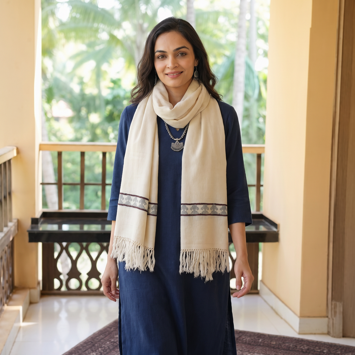 White Ladakh Pure Handwoven Sheep Merino Wool Stole, worn by a woman, AI visual of the stole, iTokri