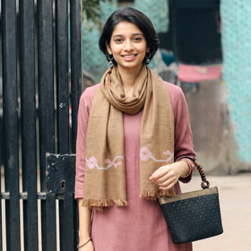 Brown Ladakh Pure Handwoven Sheep Merino Wool Stole, worn by a woman, AI visual of the stole, iTokri