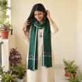Green Ladakh Pure Handwoven Sheep Merino Wool Stole, worn by a woman, AI visual of the stole, iTokri