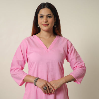  Lavender Pink - Plain Cotton Long Straight Kurta 08 