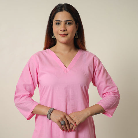 Lavender Pink - Plain Cotton Long Straight Kurta 08 