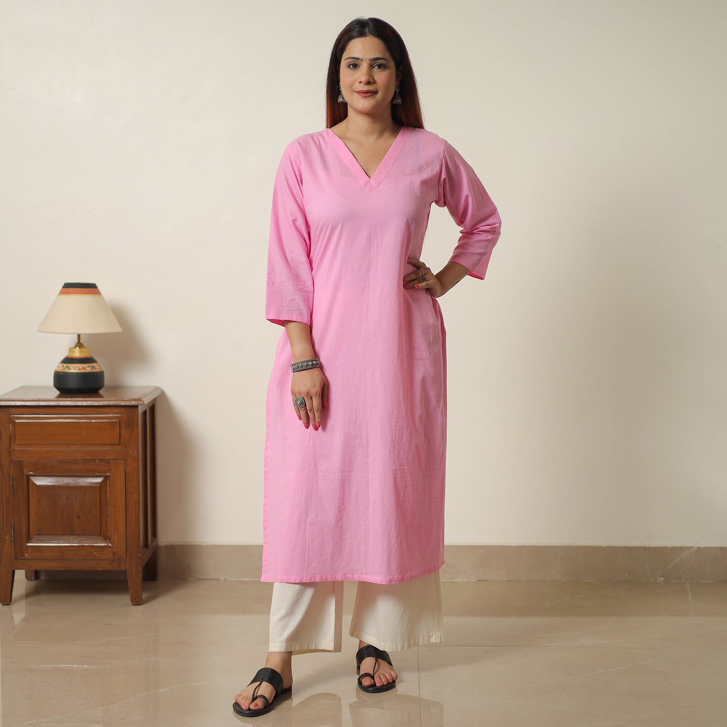  Lavender Pink - Plain Cotton Long Straight Kurta 08 