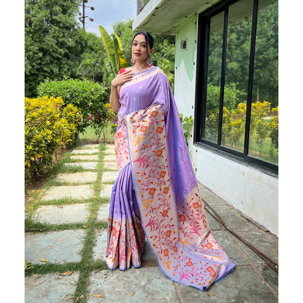 Purple - Gayatri Lavender Paithani Silk Handwork Saree