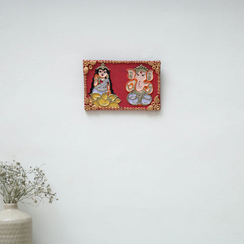 Laxmi & ganesha - handpainted clay art wall frame 01