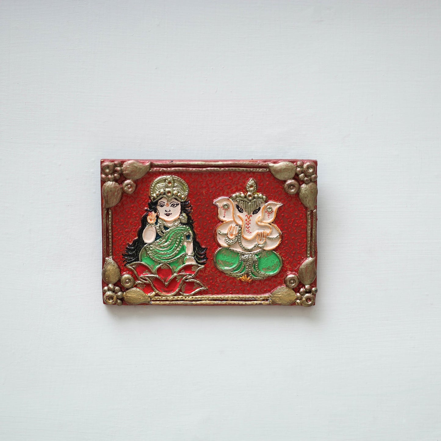 Laxmi & ganesha - handpainted clay art wall frame 05