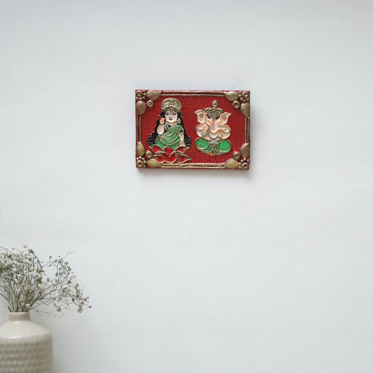 Laxmi & ganesha - handpainted clay art wall frame 05